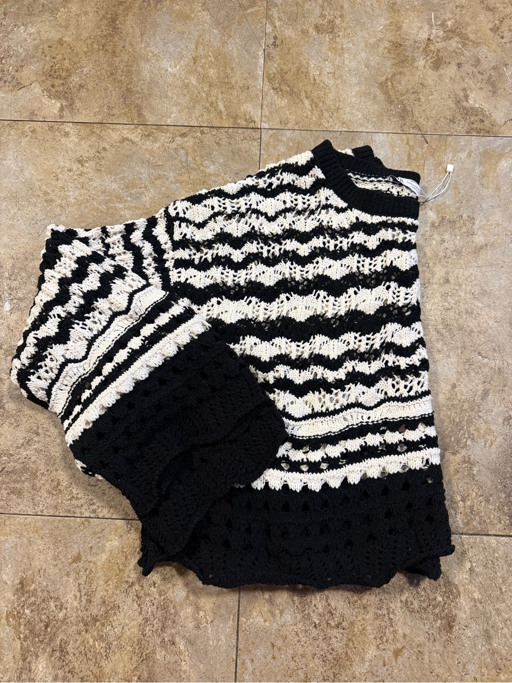 Zara Black and White Crochet Crew Neck Sweater